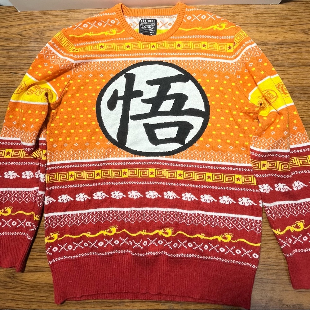 Dragon Ball Z Ugly Sweater Goku's Symbol  Anime Japan Red Yellow Size Medium